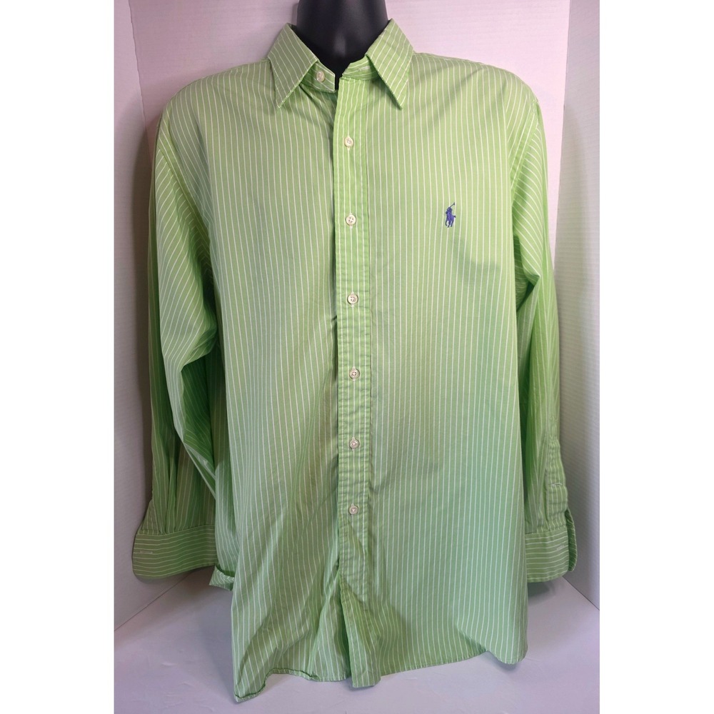 Polo Ralph Lauren Alcott 17.5 34/35 Green White Striped Cotton Dress Shirt